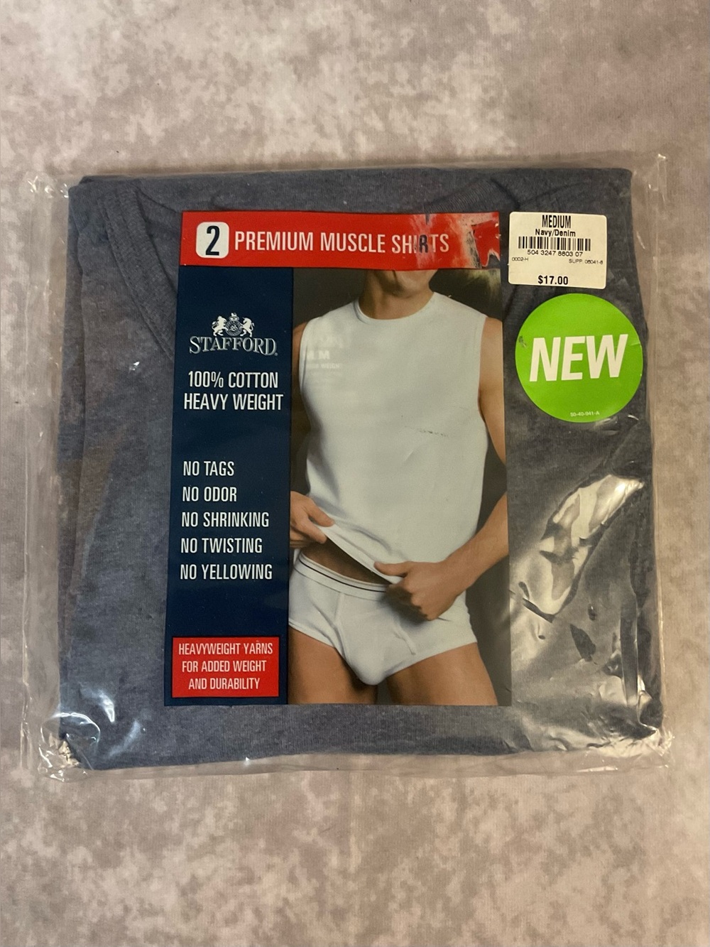 STAFFORD PREMIUM MUSCLE SHIRTS 100% COTTON NO TAGS 2-PK NAVY & DENIM SIZE MEDIUM